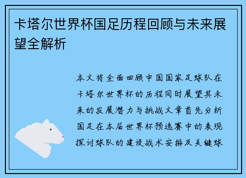 卡塔尔世界杯国足历程回顾与未来展望全解析